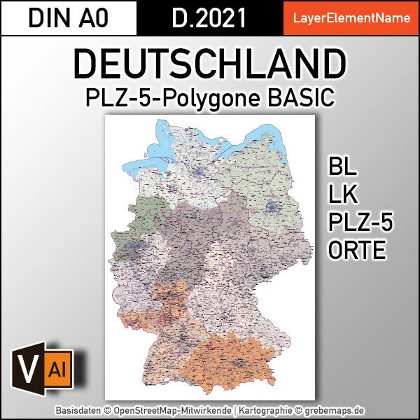 Deutschland Postleitzahlen Karte PLZ-5 BASIC mit Landkreisen Bundesländern Ortsnamen Vektorkarte (2021), PLZ-Karte Deutschland, Vektorkarte PLZ Deutschland, PLZ 5-stellig Deutschland, AI, download, editierbar