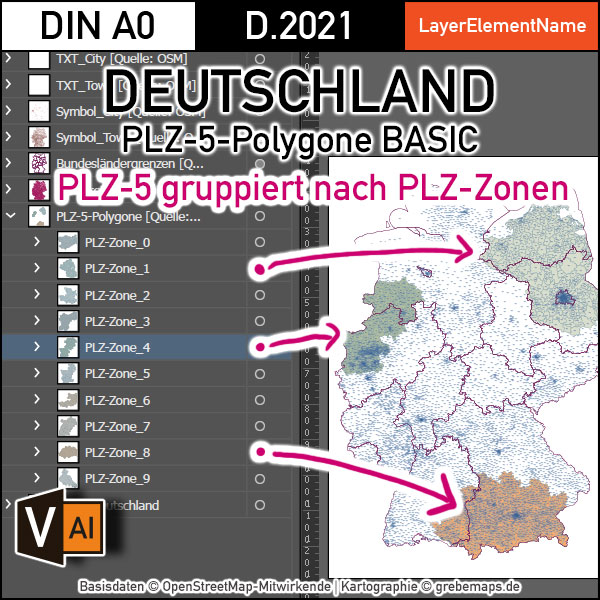 Deutschland Postleitzahlen Karte PLZ-5 BASIC mit Landkreisen Bundesländern Ortsnamen Vektorkarte (2021), PLZ-Karte Deutschland, Vektorkarte PLZ Deutschland, PLZ 5-stellig Deutschland, AI, download, editierbar