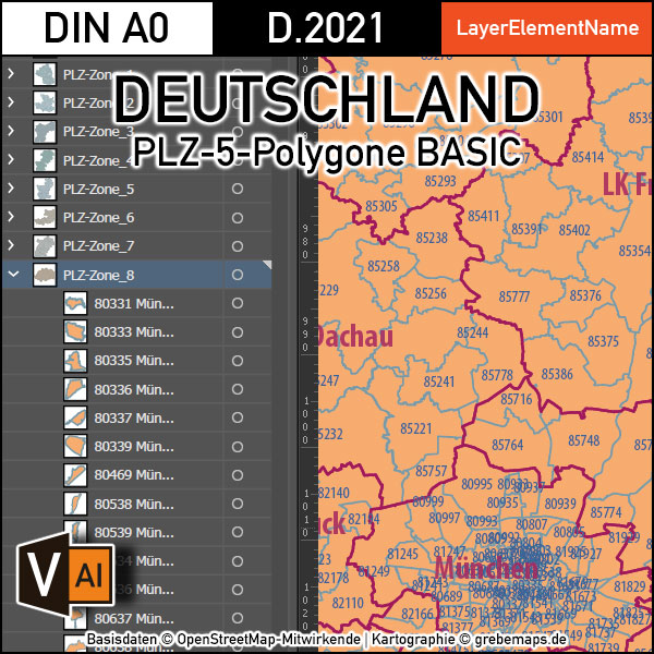 Deutschland Postleitzahlen Karte PLZ-5 BASIC mit Landkreisen Bundesländern Ortsnamen Vektorkarte (2021), PLZ-Karte Deutschland, Vektorkarte PLZ Deutschland, PLZ 5-stellig Deutschland, AI, download, editierbar