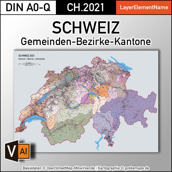 Schweiz Vektorkarte Kantone Bezirke Gemeinden Flüsse Seen Autobahnen (2021), Karte Schweiz Kantone Gemeinden, vector map switzerland, Vektorkarte Schweiz Gemeinden, Landkarte Schweiz, AI, download, editierbar, ebenen-separiert