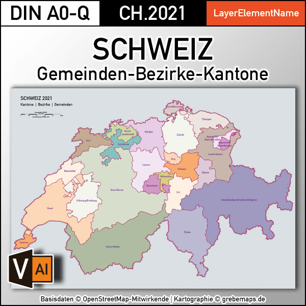 Schweiz Vektorkarte Kantone Bezirke Gemeinden Flüsse Seen Autobahnen (2021), Karte Schweiz Kantone Gemeinden, vector map switzerland, Vektorkarte Schweiz Gemeinden, Landkarte Schweiz, AI, download, editierbar, ebenen-separiert