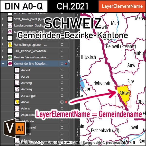 Schweiz Vektorkarte Kantone Bezirke Gemeinden Flüsse Seen Autobahnen (2021), Karte Schweiz Kantone Gemeinden, vector map switzerland, Vektorkarte Schweiz Gemeinden, Landkarte Schweiz, AI, download, editierbar, ebenen-separiert