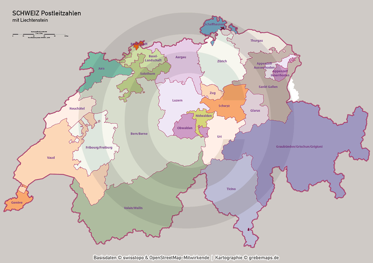 Schweiz Vektorkarte Postleitzahlen PLZ-1-4 Kantone (2021) [Digital] – Bild 15