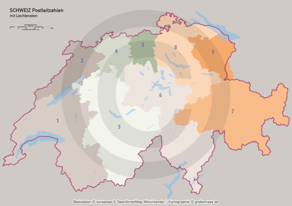 Schweiz Vektorkarte Postleitzahlen PLZ-1-4 Kantone, Karte Postleitzahlen Schweiz Vektor, vector map switzerland, Karte PLZ Schweiz, PLZ-Karte Schweiz, AI, download, editierbar, Illustrator, PLZ-Karte Schweiz AI für Illustrator