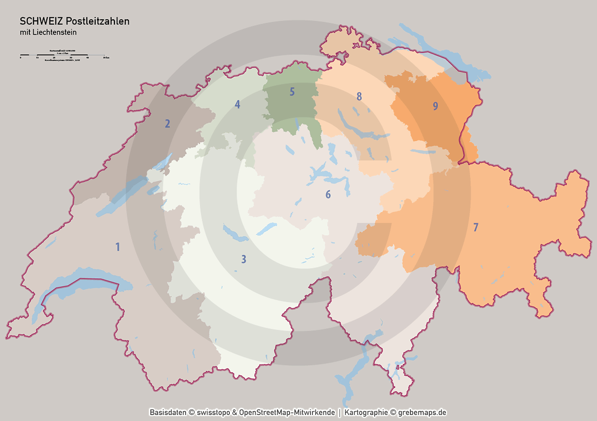 Schweiz Vektorkarte Postleitzahlen PLZ-1-4 Kantone, Karte Postleitzahlen Schweiz Vektor, vector map switzerland, Karte PLZ Schweiz, PLZ-Karte Schweiz, AI, download, editierbar, Illustrator, PLZ-Karte Schweiz AI für Illustrator