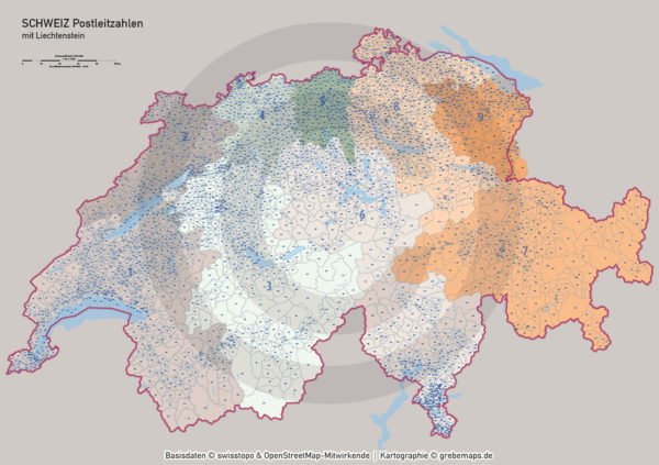 Schweiz Vektorkarte Postleitzahlen PLZ-1-4 Kantone, Karte Postleitzahlen Schweiz Vektor, vector map switzerland, Karte PLZ Schweiz, PLZ-Karte Schweiz, AI, download, editierbar, Illustrator, PLZ-Karte Schweiz AI für Illustrator