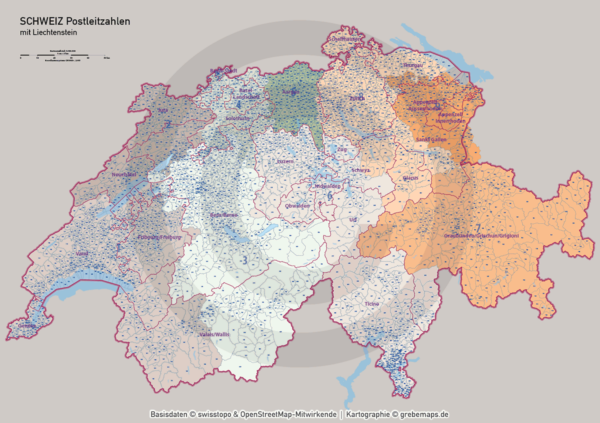 Schweiz Vektorkarte Postleitzahlen PLZ-1-4 Kantone, Karte Postleitzahlen Schweiz Vektor, vector map switzerland, Karte PLZ Schweiz, PLZ-Karte Schweiz, AI, download, editierbar, Illustrator, PLZ-Karte Schweiz AI für Illustrator