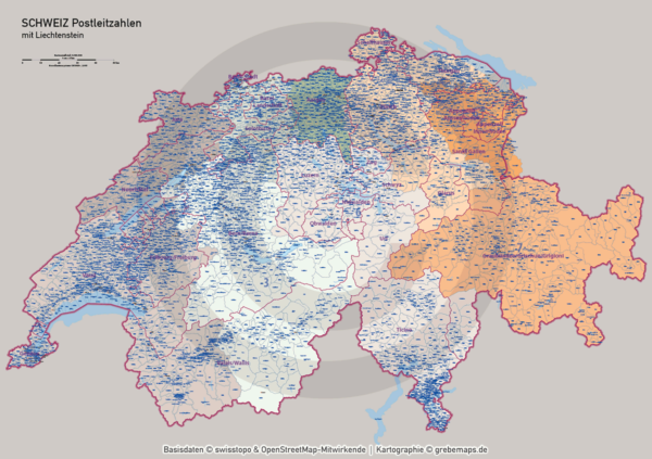 Schweiz Vektorkarte Postleitzahlen PLZ-1-4 Kantone, Karte Postleitzahlen Schweiz Vektor, vector map switzerland, Karte PLZ Schweiz, PLZ-Karte Schweiz, AI, download, editierbar, Illustrator, PLZ-Karte Schweiz AI für Illustrator