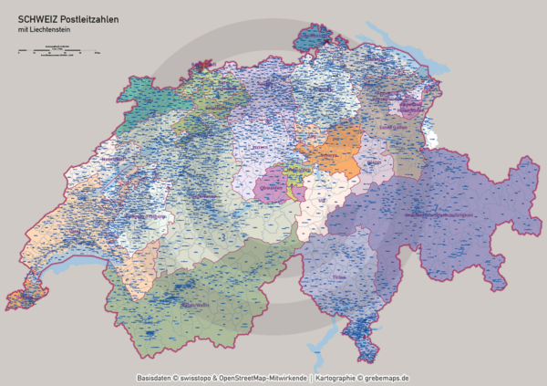 Schweiz Vektorkarte Postleitzahlen PLZ-1-4 Kantone, Karte Postleitzahlen Schweiz Vektor, vector map switzerland, Karte PLZ Schweiz, PLZ-Karte Schweiz, AI, download, editierbar, Illustrator, PLZ-Karte Schweiz AI für Illustrator