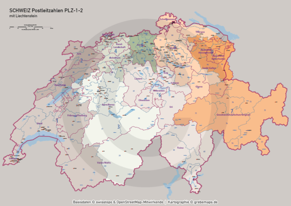 Schweiz Vektorkarte Postleitzahlen PLZ-1-2 Kantone, Karte Schweiz PLZ, vector map switzerland plz-2, Vektorkarte Schweiz PLZ Illustrator, Postleitzahlenkarte Schweiz 2-stellig, AI, download, editierbar