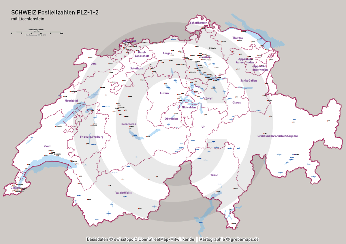 Schweiz Vektorkarte Postleitzahlen PLZ-1-2 Kantone (2021) [Digital] – Bild 10