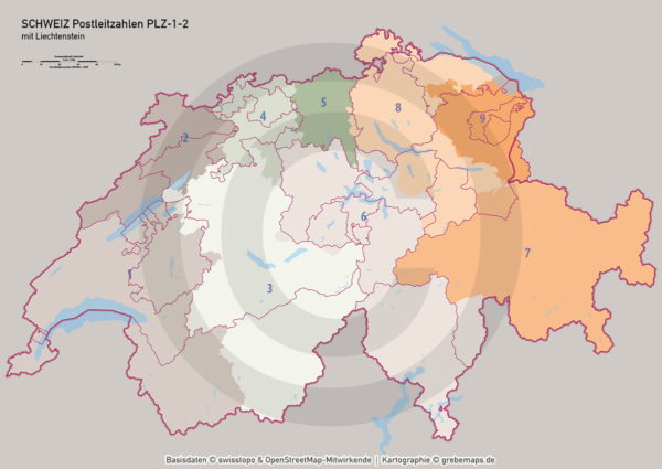 Schweiz Vektorkarte Postleitzahlen PLZ-1-2 Kantone, Karte Schweiz PLZ, vector map switzerland plz-2, Vektorkarte Schweiz PLZ Illustrator, Postleitzahlenkarte Schweiz 2-stellig, AI, download, editierbar