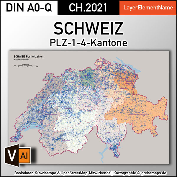 Schweiz Vektorkarte Postleitzahlen PLZ-1-4 Kantone, Karte Postleitzahlen Schweiz Vektor, vector map switzerland, Karte PLZ Schweiz, PLZ-Karte Schweiz, AI, download, editierbar, Illustrator, PLZ-Karte Schweiz AI für Illustrator