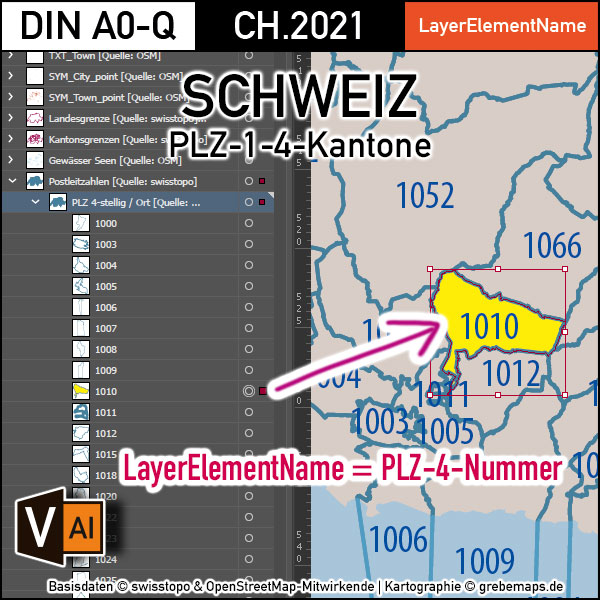 Schweiz Vektorkarte Postleitzahlen PLZ-1-4 Kantone, Karte Postleitzahlen Schweiz Vektor, vector map switzerland, Karte PLZ Schweiz, PLZ-Karte Schweiz, AI, download, editierbar, Illustrator, PLZ-Karte Schweiz AI für Illustrator