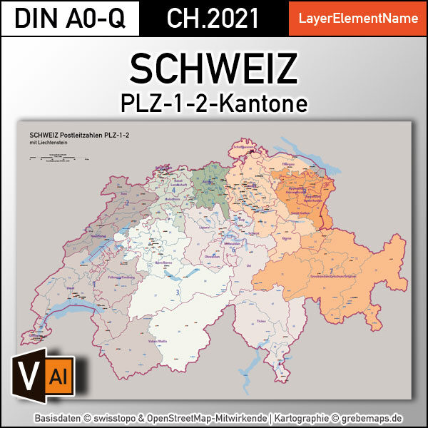 Schweiz Vektorkarte Postleitzahlen PLZ-1-2 Kantone, Karte Schweiz PLZ, vector map switzerland plz-2, Vektorkarte Schweiz PLZ Illustrator, Postleitzahlenkarte Schweiz 2-stellig, AI, download, editierbar