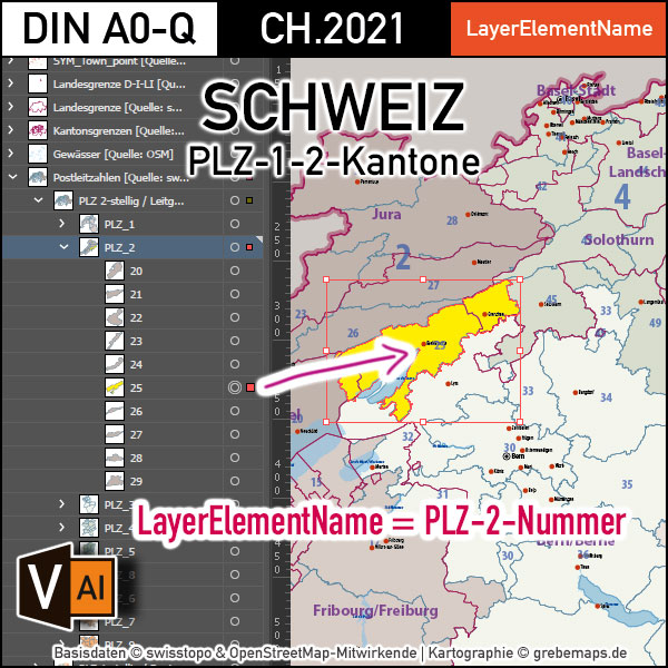 Schweiz Vektorkarte Postleitzahlen PLZ-1-2 Kantone, Karte Schweiz PLZ, vector map switzerland plz-2, Vektorkarte Schweiz PLZ Illustrator, Postleitzahlenkarte Schweiz 2-stellig, AI, download, editierbar