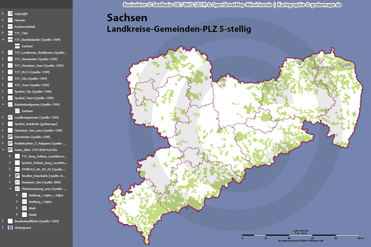 Sachsen Vektorkarte Landkreise Gemeinden Postleitzahlen PLZ-5 (2020/21