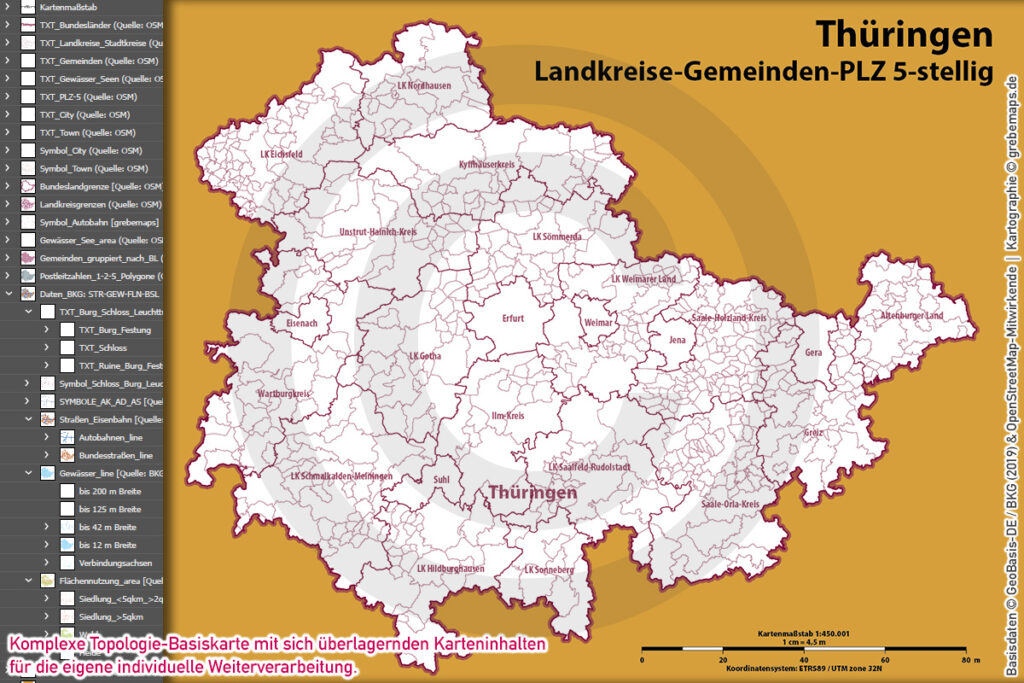 Thüringen Vektorkarte Landkreise Gemeinden Postleitzahlen PLZ-5 (2020/