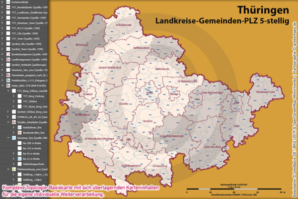 Thüringen Vektorkarte Landkreise Gemeinden Postleitzahlen PLZ-5, Karte Postleitzahlen Thüringen, Karte Gemeinden Thüringen, Karte Landkreise Thüringen, Karte PLZ-5 Thüringen, vector map Thüringen, Kartengrafik Thüringen, Vektorgrafik Thüringen, Vektorkarte Thüringen Ai, Landkarte Thüringen, Karte Thüringen für Illustrator Ai, download, editierbar