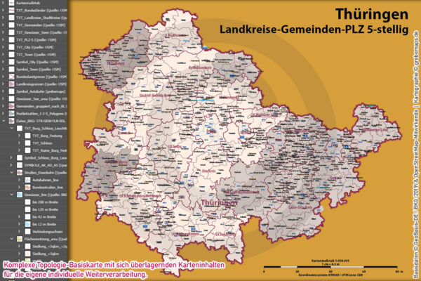 Thüringen Vektorkarte Landkreise Gemeinden Postleitzahlen PLZ-5, Karte Postleitzahlen Thüringen, Karte Gemeinden Thüringen, Karte Landkreise Thüringen, Karte PLZ-5 Thüringen, vector map Thüringen, Kartengrafik Thüringen, Vektorgrafik Thüringen, Vektorkarte Thüringen Ai, Landkarte Thüringen, Karte Thüringen für Illustrator Ai, download, editierbar