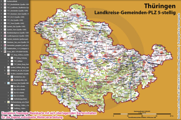 Thüringen Vektorkarte Landkreise Gemeinden Postleitzahlen PLZ-5, Karte Postleitzahlen Thüringen, Karte Gemeinden Thüringen, Karte Landkreise Thüringen, Karte PLZ-5 Thüringen, vector map Thüringen, Kartengrafik Thüringen, Vektorgrafik Thüringen, Vektorkarte Thüringen Ai, Landkarte Thüringen, Karte Thüringen für Illustrator Ai, download, editierbar