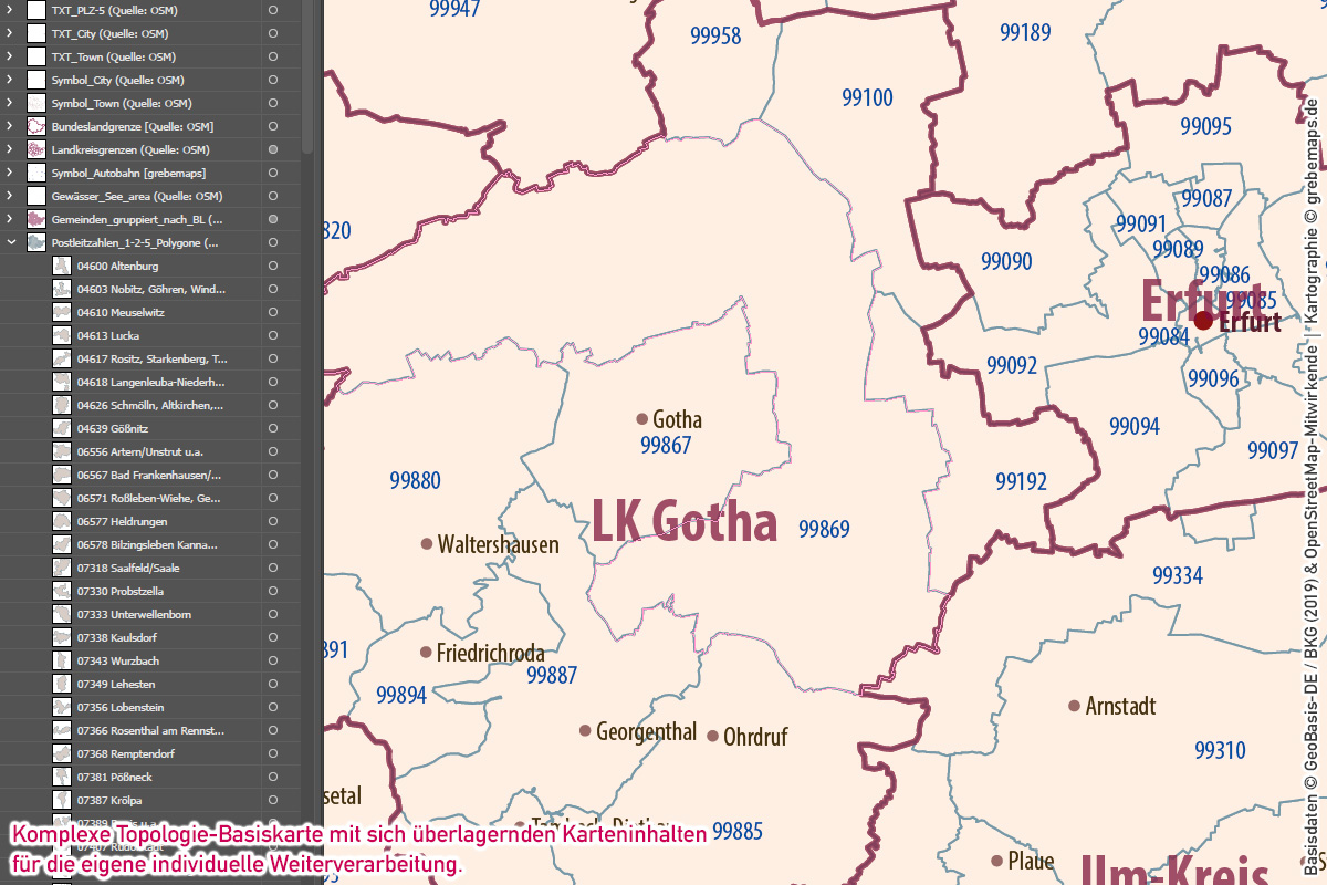 Thüringen Vektorkarte Landkreise Gemeinden Postleitzahlen PLZ-5, Karte Postleitzahlen Thüringen, Karte Gemeinden Thüringen, Karte Landkreise Thüringen, Karte PLZ-5 Thüringen, vector map Thüringen, Kartengrafik Thüringen, Vektorgrafik Thüringen, Vektorkarte Thüringen Ai, Landkarte Thüringen, Karte Thüringen für Illustrator Ai, download, editierbar
