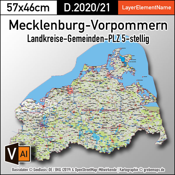 Mecklenburg-Vorpommern Vektorkarte Landkreise Gemeinden Postleitzahlen PLZ-5, Landkarte Mecklenburg-Vorpommern, Kartengrafik Mecklenburg-Vorpommern, Vektorkarte Mecklenburg-Vorpommern, vector map Mecklenburg-Vorpommern, Karte Meck-Pomm, Karte MV, Karte Postleitzahlen, AI, download, editierbar, Karte Mecklenburg-Vorpommern für Illustrator