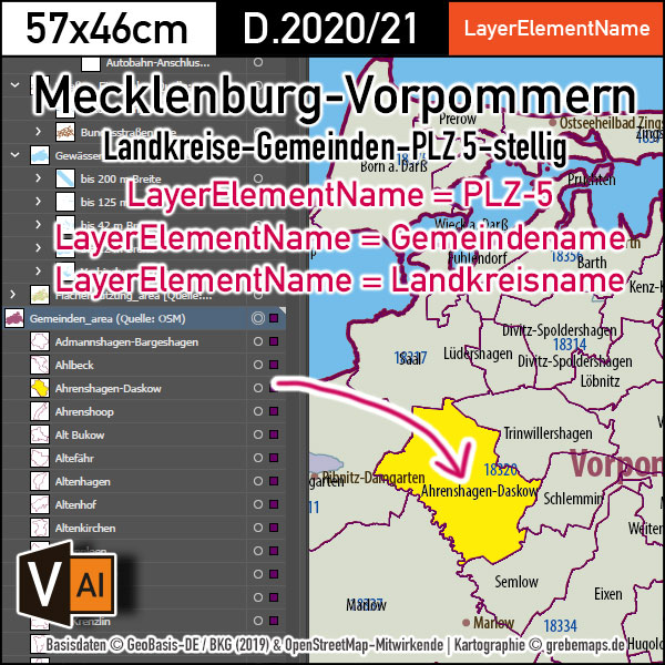Mecklenburg-Vorpommern Vektorkarte Landkreise Gemeinden Postleitzahlen PLZ-5, Landkarte Mecklenburg-Vorpommern, Kartengrafik Mecklenburg-Vorpommern, Vektorkarte Mecklenburg-Vorpommern, vector map Mecklenburg-Vorpommern, Karte Meck-Pomm, Karte MV, Karte Postleitzahlen, AI, download, editierbar, Karte Mecklenburg-Vorpommern für Illustrator
