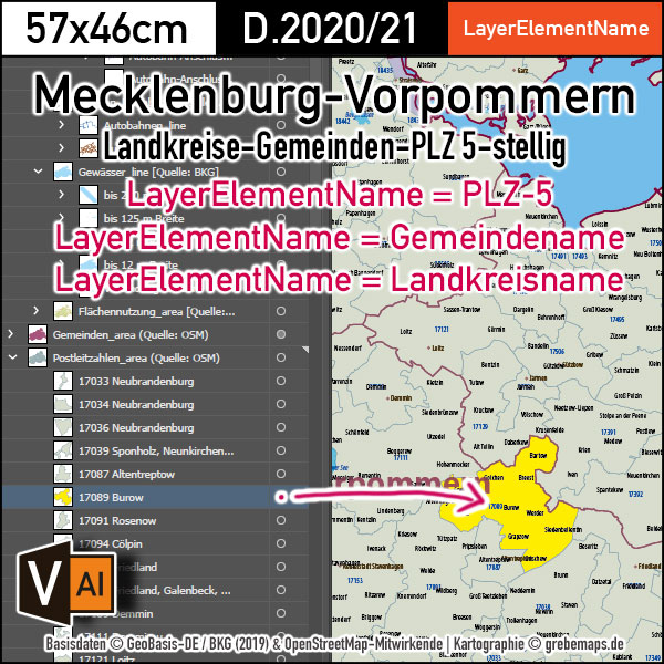 Mecklenburg-Vorpommern Vektorkarte Landkreise Gemeinden Postleitzahlen PLZ-5, Landkarte Mecklenburg-Vorpommern, Kartengrafik Mecklenburg-Vorpommern, Vektorkarte Mecklenburg-Vorpommern, vector map Mecklenburg-Vorpommern, Karte Meck-Pomm, Karte MV, Karte Postleitzahlen, AI, download, editierbar, Karte Mecklenburg-Vorpommern für Illustrator