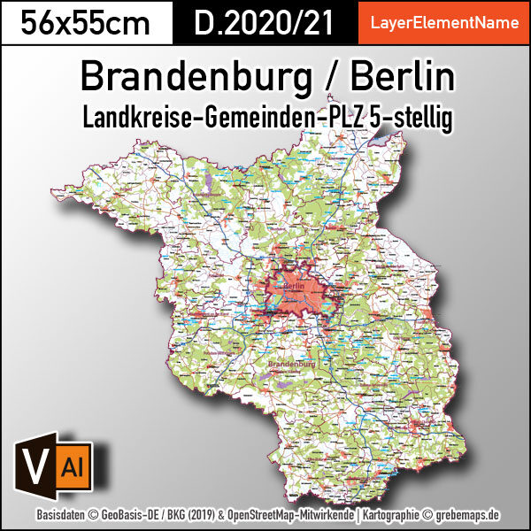 Brandenburg Berlin Vektorkarte Landkreise Gemeinden Postleitzahlen PLZ-5, Landkarte Brandenburg Berlin, Kartengrafik Brandenburg Berlin, vector map Brandenburg Berlin, Vektorkarte Brandenburg Berlin, AI, download, editierbar, Karte Brandenburg Berlin für Illustrator, Karte Postleitzahlen Brandenburg Berlin, Karte PLZ 5-stellig Brandenburg Berlin