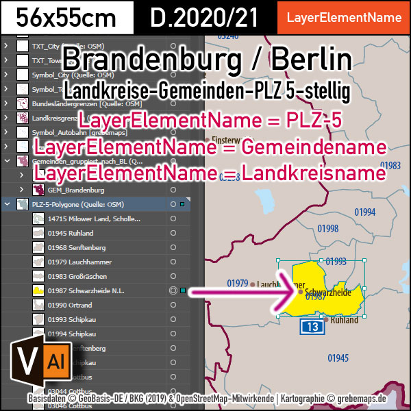 Brandenburg Berlin Vektorkarte Landkreise Gemeinden Postleitzahlen PLZ-5, Landkarte Brandenburg Berlin, Kartengrafik Brandenburg Berlin, vector map Brandenburg Berlin, Vektorkarte Brandenburg Berlin, AI, download, editierbar, Karte Brandenburg Berlin für Illustrator, Karte Postleitzahlen Brandenburg Berlin, Karte PLZ 5-stellig Brandenburg Berlin