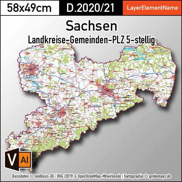 Sachsen Vektorkarte Landkreise Gemeinden Postleitzahlen PLZ-5, Karte PLZ Sachsen, Karte Gemeinden Sachsen, Karte Landkreise Sachsen, PLZ-Karte Sachsen, Postleizahlenkarte Sachsen, Karte Postleitzahlen 5-stellig Sachsen, vector map Sachsen, Vektorgrafik Sachsen, Karte Sachsen für Illustrator Ai, download, editierbar, Landkarte Sachsen, Basiskarte Sachsen