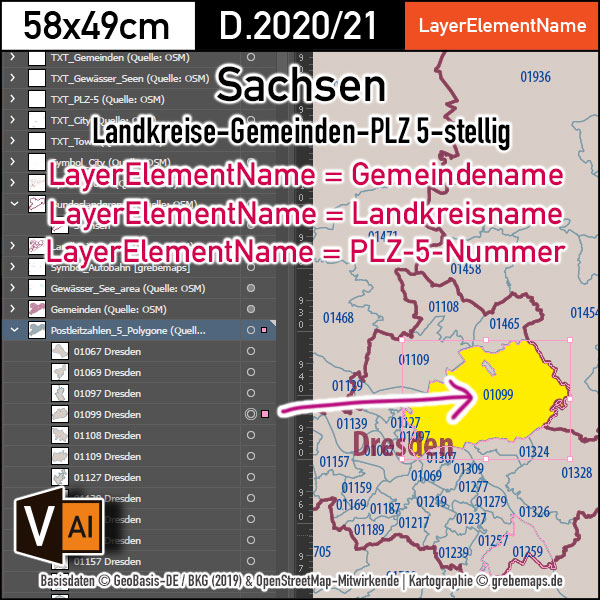 Sachsen Vektorkarte Landkreise Gemeinden Postleitzahlen PLZ-5, Karte PLZ Sachsen, Karte Gemeinden Sachsen, Karte Landkreise Sachsen, PLZ-Karte Sachsen, Postleizahlenkarte Sachsen, Karte Postleitzahlen 5-stellig Sachsen, vector map Sachsen, Vektorgrafik Sachsen, Karte Sachsen für Illustrator Ai, download, editierbar, Landkarte Sachsen, Basiskarte Sachsen