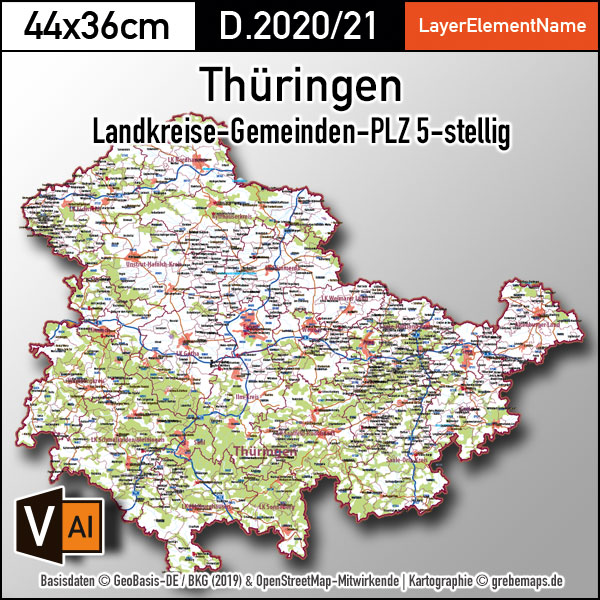 Thüringen Vektorkarte Landkreise Gemeinden Postleitzahlen PLZ-5, Karte Postleitzahlen Thüringen, Karte Gemeinden Thüringen, Karte Landkreise Thüringen, Karte PLZ-5 Thüringen, vector map Thüringen, Kartengrafik Thüringen, Vektorgrafik Thüringen, Vektorkarte Thüringen Ai, Landkarte Thüringen, Karte Thüringen für Illustrator Ai, download, editierbar