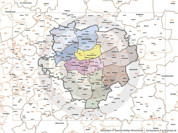 Dortmund Vertriebskarte Postleitzahlen PLZ-5 Stadtbezirke Stadtteilnamen Vektorkarte, Karte Dortmund PLZ, PLZ-Karte Dortmund, Stadtplan Dortmund PLZ, Stadtkarte Dortmund PLZ, PLZ 5-stellig Dortmund Vektorkarte, Vektorgrafik Dortmund, Kartengrafik Dortmund, Karte Dortmund AI, download, AI-Datei, Karte Dortmund für Illustrator