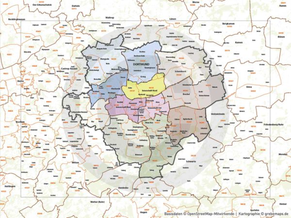 Dortmund Vertriebskarte Postleitzahlen PLZ-5 Stadtbezirke Stadtteilnamen Vektorkarte, Karte Dortmund PLZ, PLZ-Karte Dortmund, Stadtplan Dortmund PLZ, Stadtkarte Dortmund PLZ, PLZ 5-stellig Dortmund Vektorkarte, Vektorgrafik Dortmund, Kartengrafik Dortmund, Karte Dortmund AI, download, AI-Datei, Karte Dortmund für Illustrator