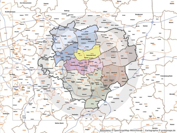 Dortmund Vertriebskarte Postleitzahlen PLZ-5 Stadtbezirke Stadtteilnamen Vektorkarte, Karte Dortmund PLZ, PLZ-Karte Dortmund, Stadtplan Dortmund PLZ, Stadtkarte Dortmund PLZ, PLZ 5-stellig Dortmund Vektorkarte, Vektorgrafik Dortmund, Kartengrafik Dortmund, Karte Dortmund AI, download, AI-Datei, Karte Dortmund für Illustrator