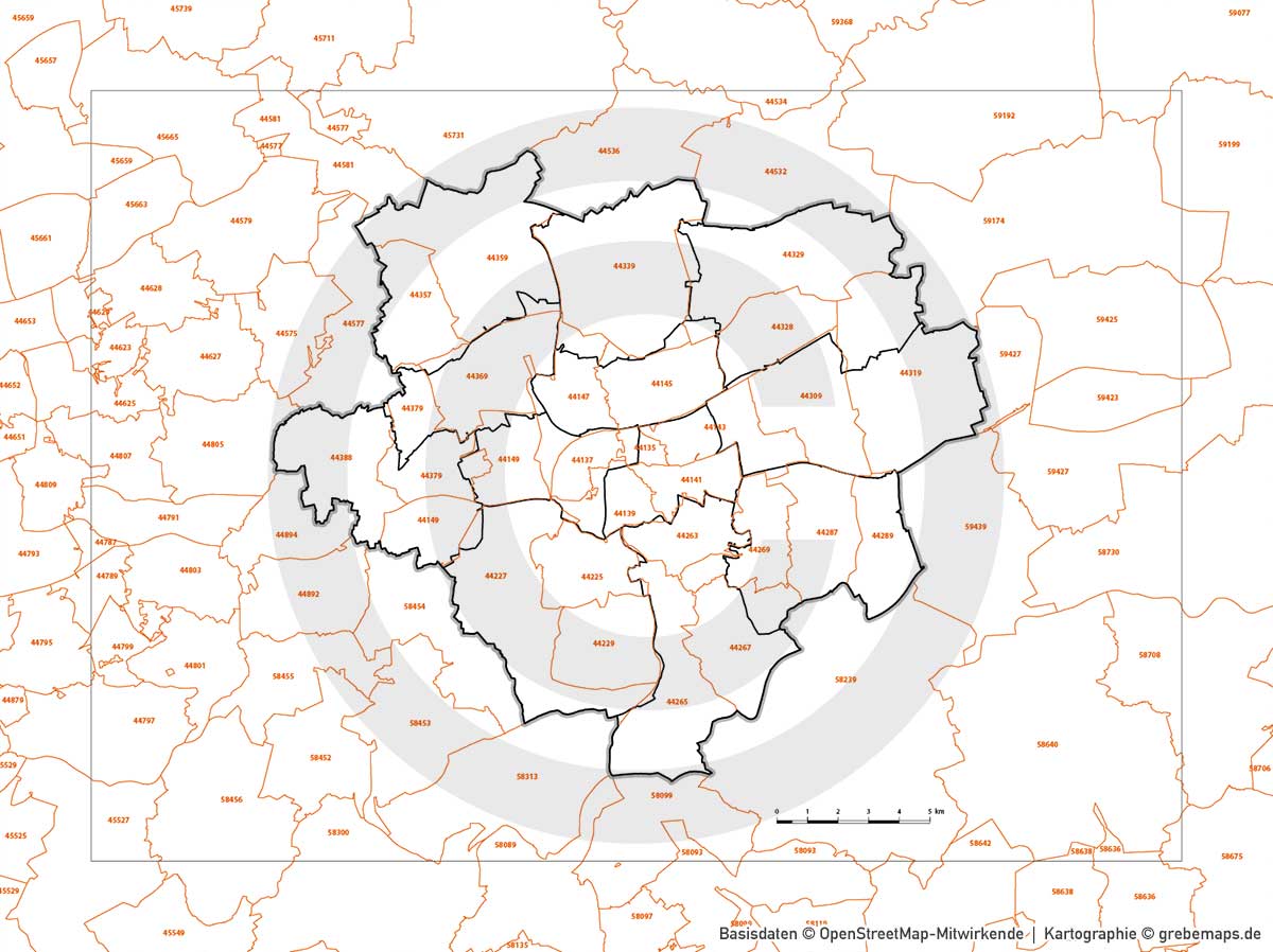 Dortmund Vertriebskarte Postleitzahlen PLZ-5 Stadtbezirke Stadtteilnamen Vektorkarte [Digital] – Bild 19