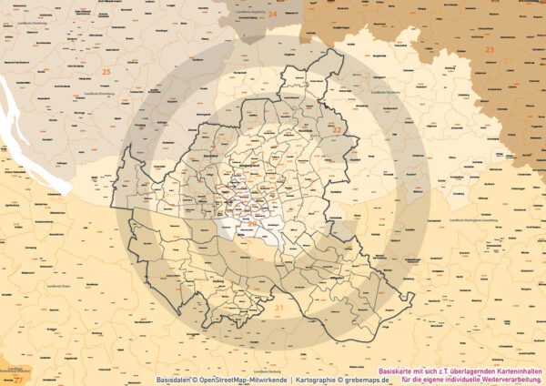 Hamburg und Umgebung Vertriebskarte Postleitzahlen PLZ-5 Stadtbezirke Stadtteile HH-Gebäude Vektorkarte