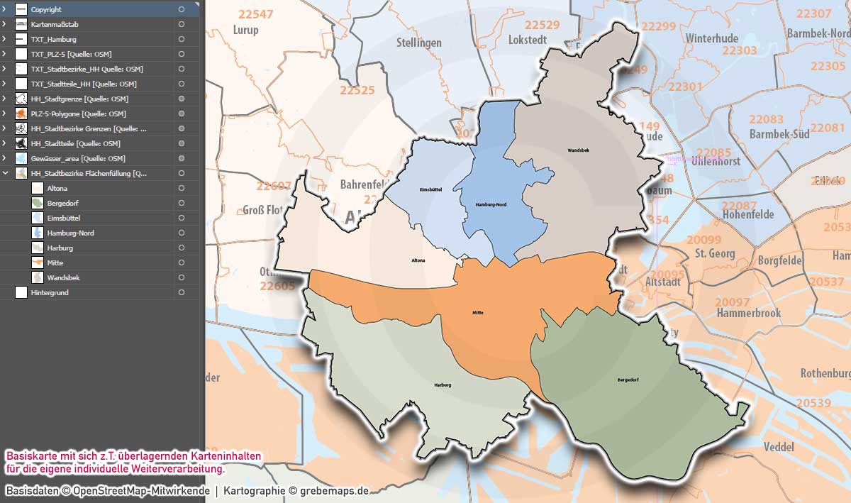 Hamburg Basiskarte Postleitzahlen PLZ-5 Stadtbezirke Stadtteile Vektorkarte, Karte Hamburg PLZ 5-stellig, Postleitzahlenkarte Hamburg, vector map hamburg stadtteile, Vektorkarte Hamburg PLZ, Karte Hamburg für Illustrator, Stadtplan Hamburg Stadtteile, Landkarte Hamburg Stadtteile, Kartengrafik Hamburg, Vektorgrafik Hamburg, AI-Datei, download, ebenen-separiert, editierbar, Karte Hamburg PLZ für Illustrator AI