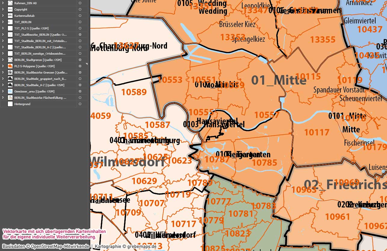 Berlin Basiskarte Postleitzahlen PLZ-5 Stadtbezirke Stadtteile Vektorkarte, Karte Berlin Stadtteile, Karte Berlin Postleitzahlen, PLZ-Karte Berlin, Vektorkarte Berlin, Vektorgrafik Berlin, Kartengrafik Berlin, Karte Berlin für Illustrator, vector map berlin plz, AI-Datei, download, editierbar, Stadtplan Berlin Stadtteile