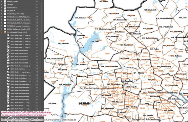 Berlin Basiskarte Postleitzahlen PLZ-5 Stadtbezirke Stadtteile Vektorkarte, Karte Berlin Stadtteile, Karte Berlin Postleitzahlen, PLZ-Karte Berlin, Vektorkarte Berlin, Vektorgrafik Berlin, Kartengrafik Berlin, Karte Berlin für Illustrator, vector map berlin plz, AI-Datei, download, editierbar, Stadtplan Berlin Stadtteile