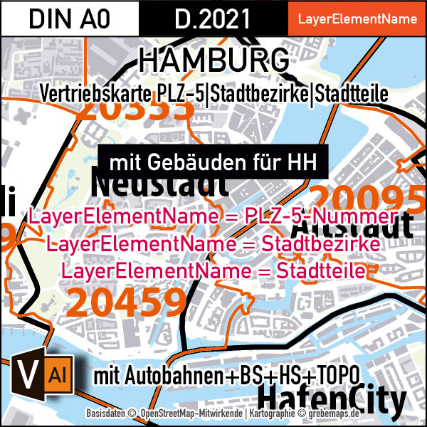 Hamburg und Umgebung Vertriebskarte Postleitzahlen PLZ-5 Stadtbezirke Stadtteile HH-Gebäude Vektorkarte