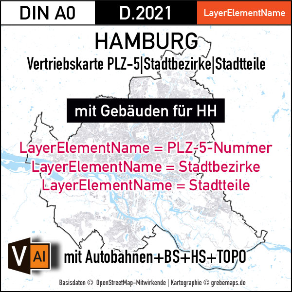 Hamburg und Umgebung Vertriebskarte Postleitzahlen PLZ-5 Stadtbezirke Stadtteile HH-Gebäude Vektorkarte