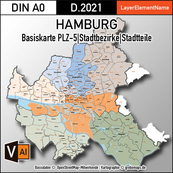 Hamburg Basiskarte Postleitzahlen PLZ-5 Stadtbezirke Stadtteile Vektorkarte, Karte Hamburg PLZ 5-stellig, Postleitzahlenkarte Hamburg, vector map hamburg stadtteile, Vektorkarte Hamburg PLZ, Karte Hamburg für Illustrator, Stadtplan Hamburg Stadtteile, Landkarte Hamburg Stadtteile, Kartengrafik Hamburg, Vektorgrafik Hamburg, AI-Datei, download, ebenen-separiert, editierbar, Karte Hamburg PLZ für Illustrator AI