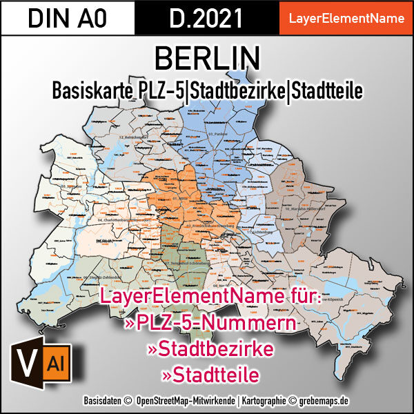 Berlin Basiskarte Postleitzahlen PLZ-5 Stadtbezirke Stadtteile Vektorkarte, Karte Berlin Stadtteile, Karte Berlin Postleitzahlen, PLZ-Karte Berlin, Vektorkarte Berlin, Vektorgrafik Berlin, Kartengrafik Berlin, Karte Berlin für Illustrator, vector map berlin plz, AI-Datei, download, editierbar, Stadtplan Berlin Stadtteile