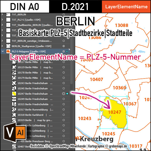 Berlin Basiskarte Postleitzahlen PLZ-5 Stadtbezirke Stadtteile Vektorkarte, Karte Berlin Stadtteile, Karte Berlin Postleitzahlen, PLZ-Karte Berlin, Vektorkarte Berlin, Vektorgrafik Berlin, Kartengrafik Berlin, Karte Berlin für Illustrator, vector map berlin plz, AI-Datei, download, editierbar, Stadtplan Berlin Stadtteile