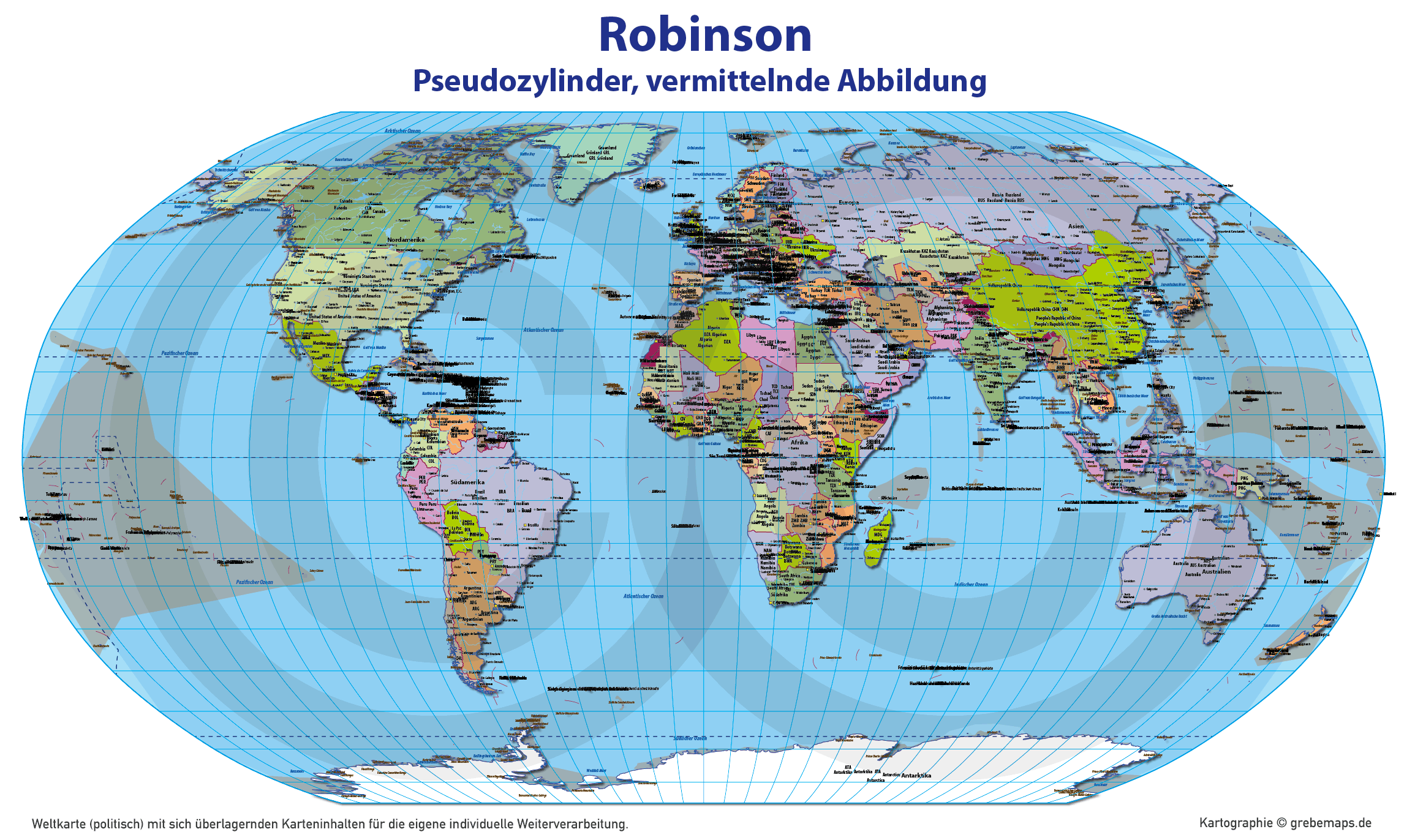 Weltkarte politisch – Robinson Kartenprojektion – Vektorkarte Illustrator ebenen-separiert editierbar AI-Datei [Digital] – Bild 30
