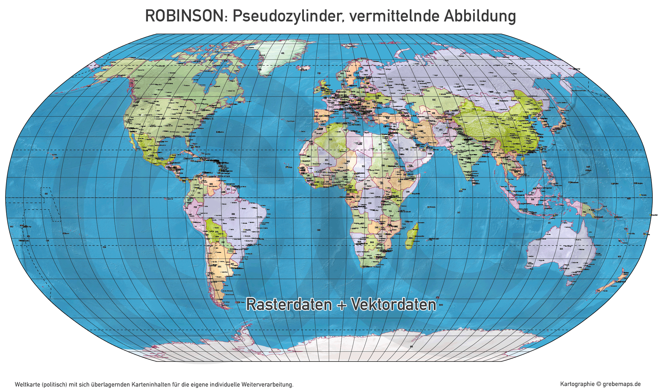 Weltkarte politisch & physisch - Robinson Kartenprojektion - ebenen-separierte editierbare Vektorkarte für Illustrator [Digital] – Bild 7
