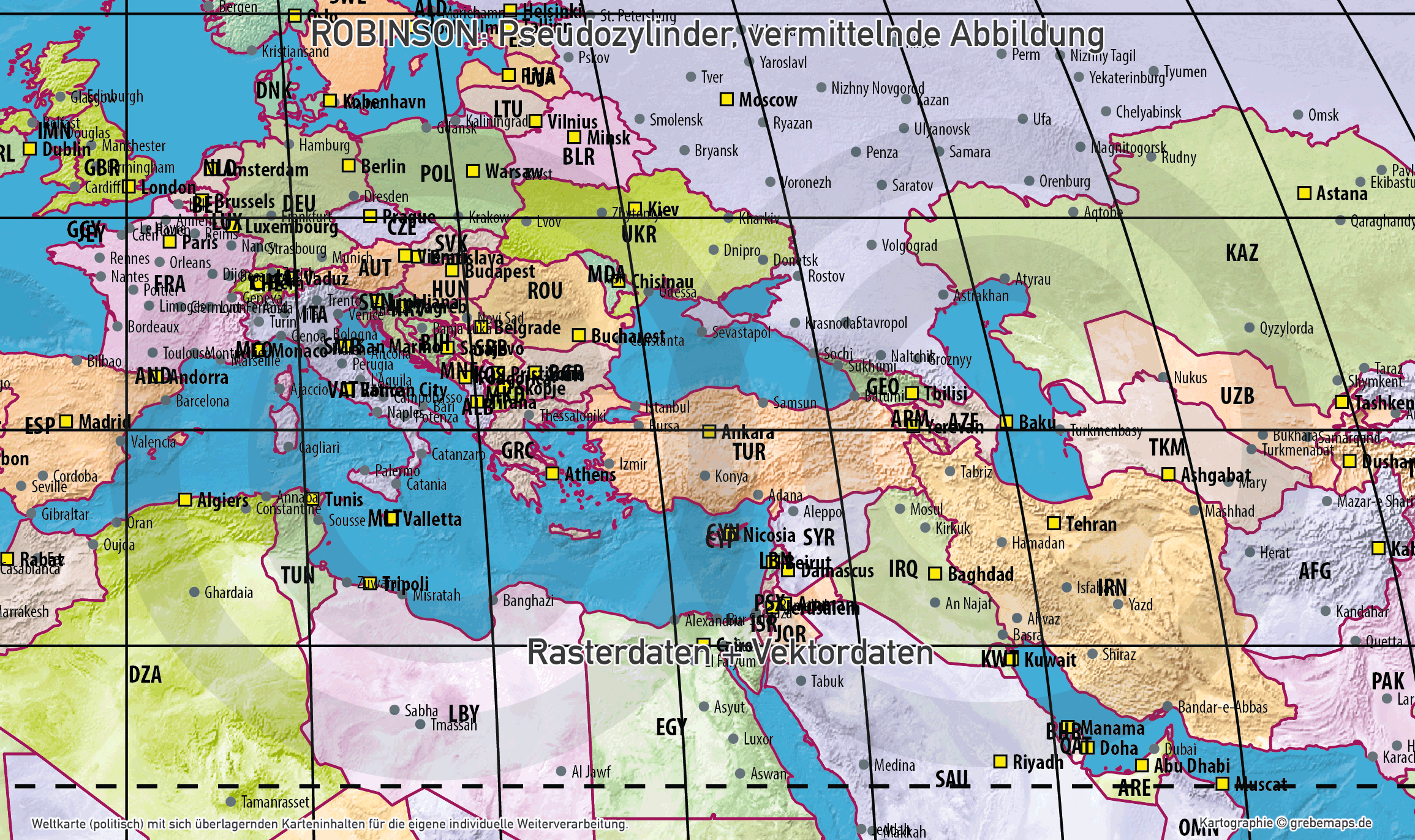 Weltkarte politisch & physisch - Robinson Kartenprojektion - ebenen-separierte editierbare Vektorkarte für Illustrator [Digital] – Bild 6